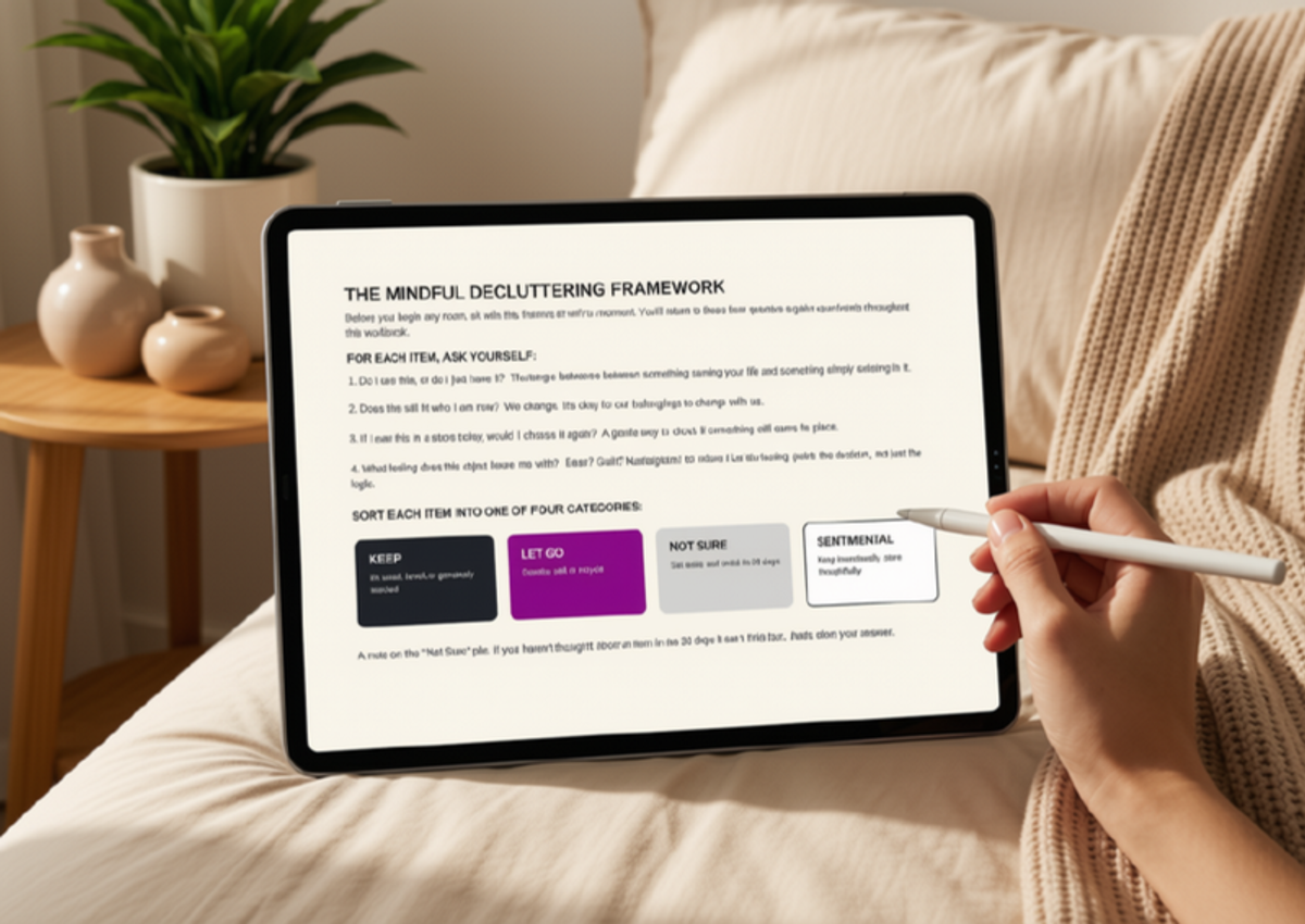 Room to Breathe decluttering framework page in use on a tablet