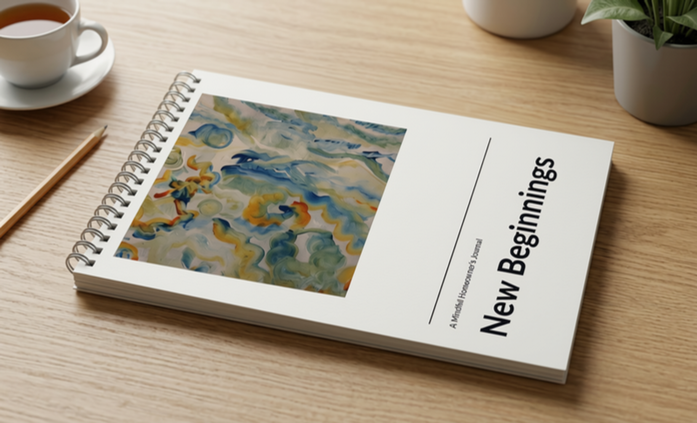 New Beginnings journal on a desk with coffee and a plant