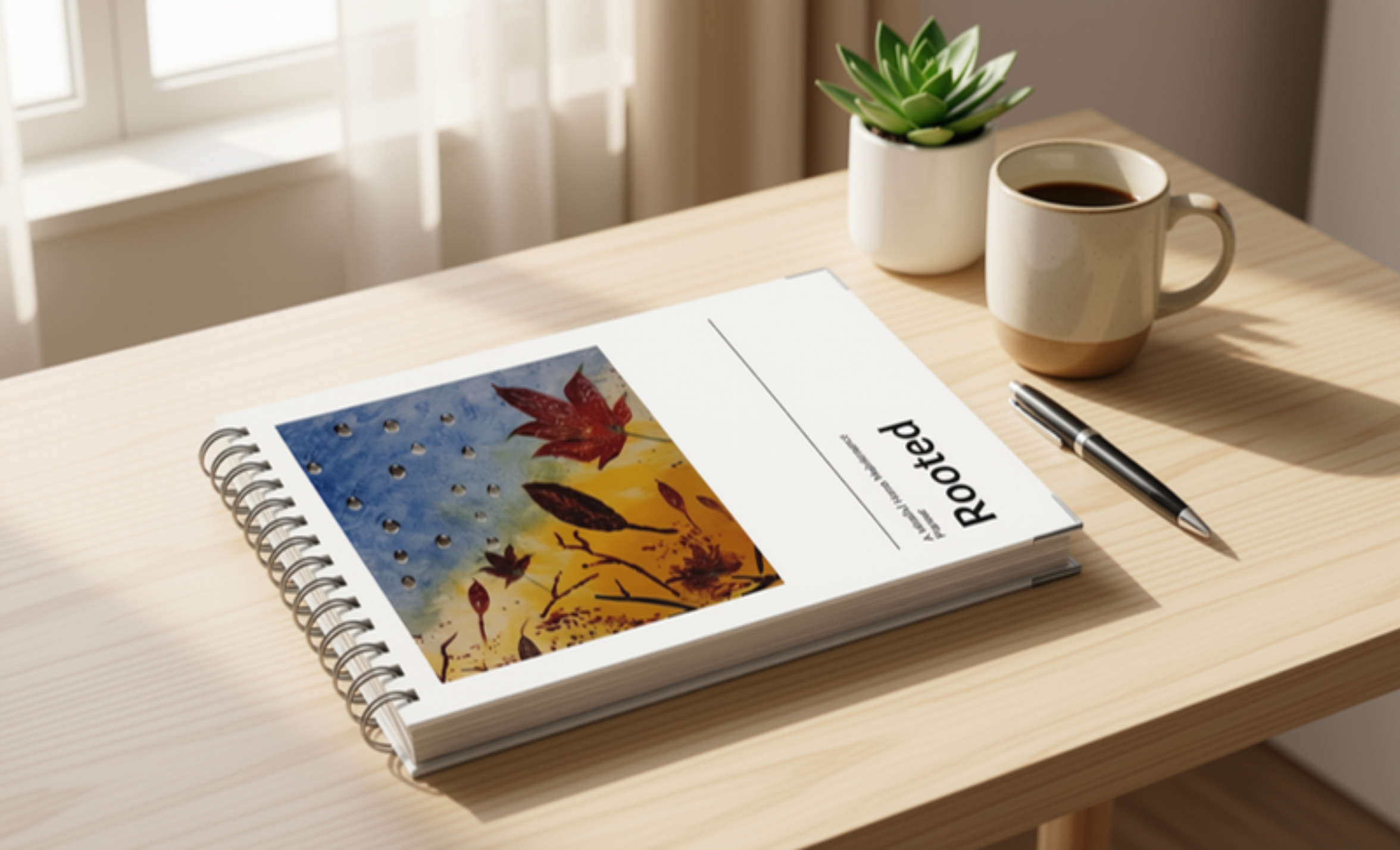 Rooted planner on a desk with coffee and a plant