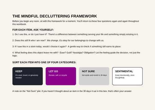 Room to Breathe - The Mindful Decluttering Framework page with color-coded categories